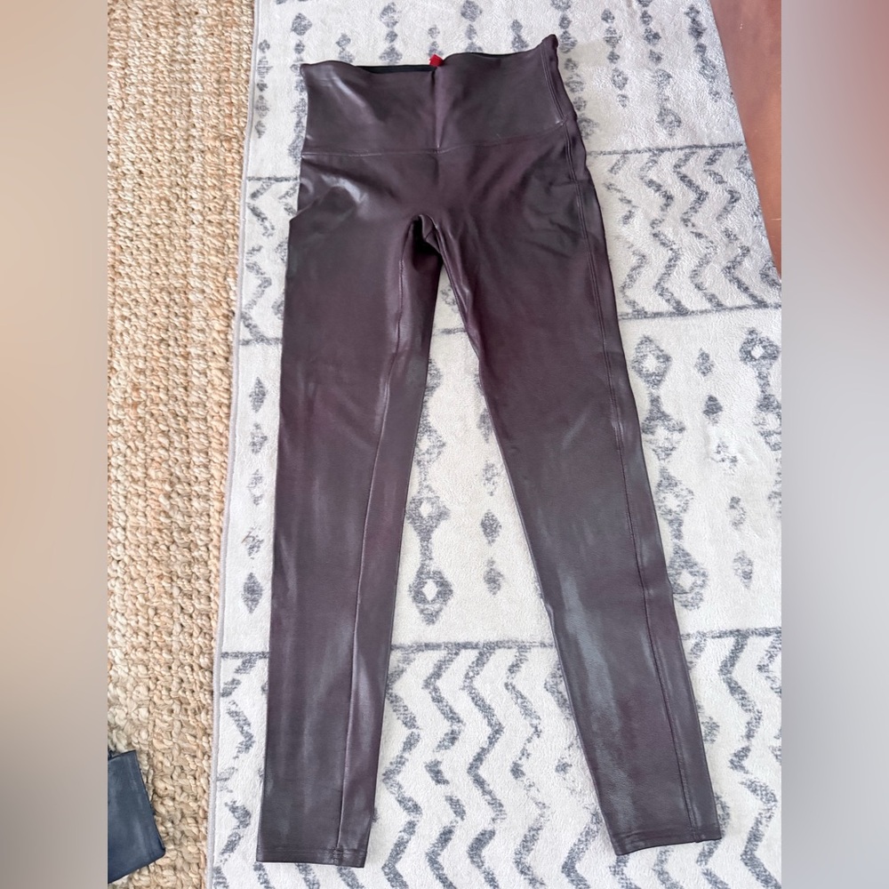SPANX Faux Leather Leggings with Red Logo Tag